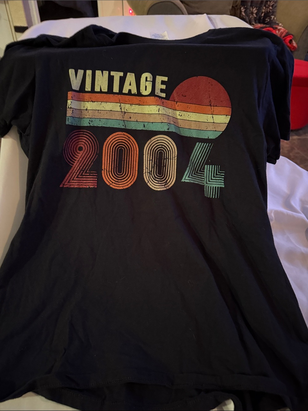 Vintage 2004 Graphic Tee - Black with Retro Sunset Colors- size large
